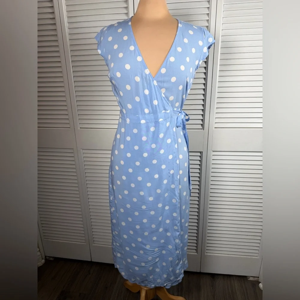 Blue‎ Polka Dot Wrap Midi Dress Open Back XXS Fits XS